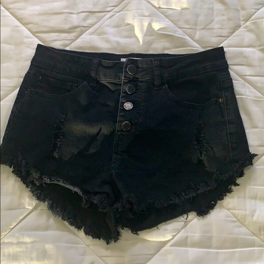 High rise black destroyed shorts